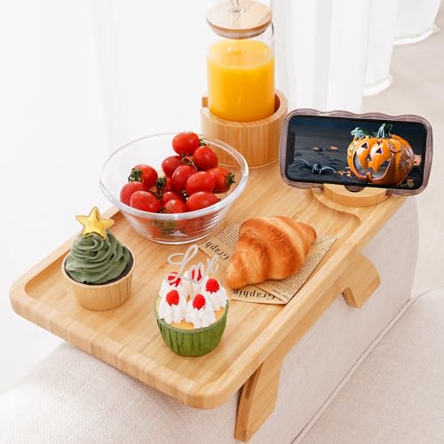 Nnewvante Couch Table on Arm,3 in 1 Large 15.36"x9.85" Bamboo Couch Cup Holder Sofa Arm Clip on TV Tray Table with 360°Rotated Phone/Cup Holder - color: Bamboo