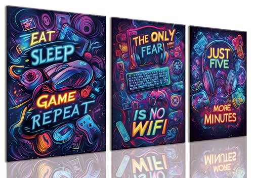 Yolbcdr Gaming Room Decor Video Game Wall Art Neon Posters Prints Set of 3 Gaming Sign Canvas Painting Playroom Cool Pictures Gamer Wall Decor for Boy Teen Men Bedroom Bathroom 12x16in Framed - color: Colorful, size: 12"x16" Canvas
