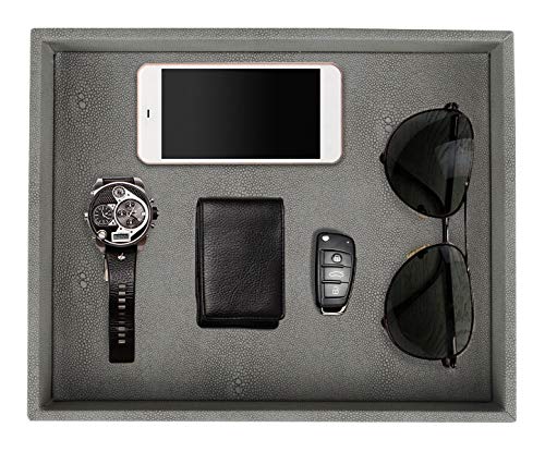 HofferRuffer Decorative Desktop Organizer Tray, Bathroom Vanity Tray, Storage Jewelry Perfume Dresser Tray, Catchall Tray for Change Coin Key, 10.2 x 8.4 x 1.8 inches (Dark Grey Faux Leather Shagreen) - color: Dark Grey Shagreen, size: 10.2" x 8.4" x 1.8"