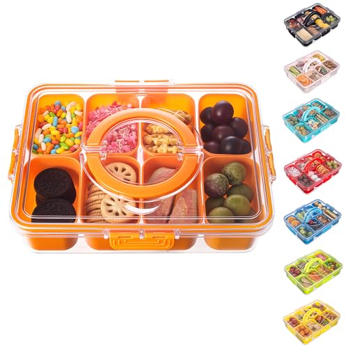 Dingerjar Divided Serving Tray with Lid and Handle - Snackle Box Charcuterie Container for Portable Snack Platters Organizer for Candy, Fruits, Nuts, Snacks - Perfect for Party, Entertaining, Orange - color: Orange