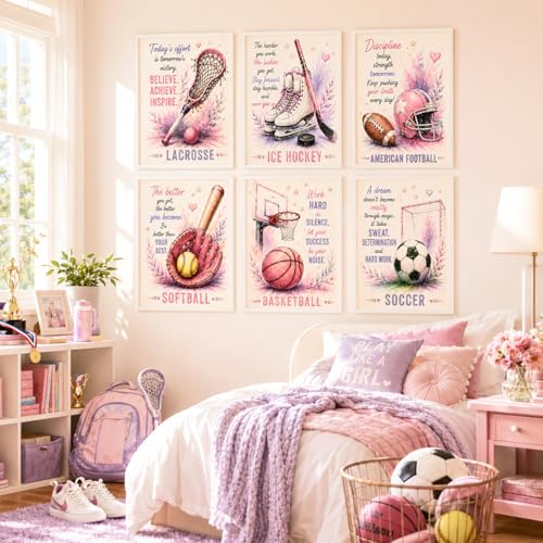 Girls Sports Watercolor Wall Art Set of 6, Pink Purple Watercolor Sports Posters for Girls Room Decor, Lacrosse Ice Hockey American Football Softball Basketball Soccer Inspirational Quote Prints, Teen Girl Bedroom Playroom Decor, 8x10 Inch Unframed Prints