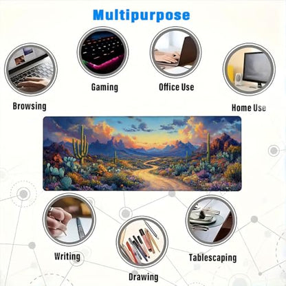 Cactus Desert Mouse Pad Large Sunset Mountain Wildflower Road Illustration Mousepad XL Large Gaming Mouse Pad Laptop Keyboard Mat Desk Pad 31.5x11.8 Inch - color: Cactus Desert