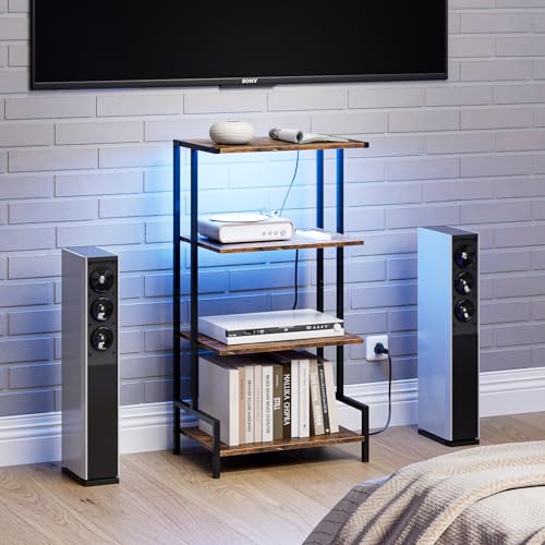 Arbuxzuy 4-Tier AV Media Stand with Power Outlet and LED Lights,Wooden Stereo Stand Cabinet,Game Console Shelf for Small Space,Audio Rack Stand Tower Ideal for Video DVD Players,Xbox - color: Rustic Brown