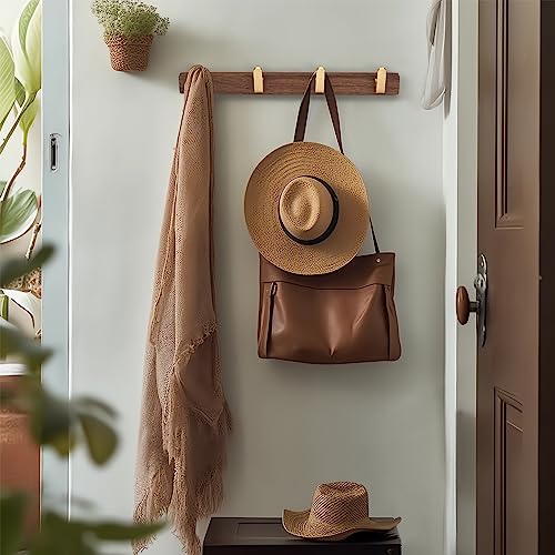 Wall Mounted Coat Rack, Entryway Hanging Coat Rack, Metal Wood Coat Rail with 4 Rustic Hooks Rail for Coat, Scarf, Bag, Towel, Key, Cap, Hat, Walnut Gold Matt - size: 4 Hooks - Curve Shape