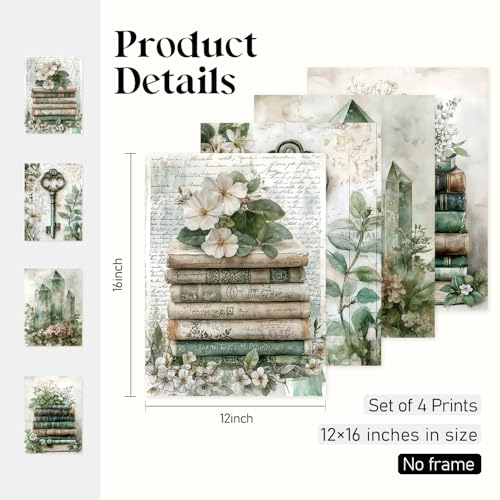 Locomiss Vintage Wall Art Decor, Sage Green Dark Floral Room Decor for Teen Girls Room, Reading Nook Library Classroom Booklish Gifts Posters 4 Pcs, Set of 4 (12x16 Unframed) - color: sage green, size: 12x16 Inches