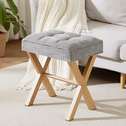 Royal Windsor Vanity Stool,Square Ottoman Stool Foot Rest,Upholstered Vanity Chair Foot Stool with Metal X Legs, Small Vanity Seat for Entryway,Bedroom and Living Room,Light Grey+Yellow - color: 12.6"d Light Grey+yellow