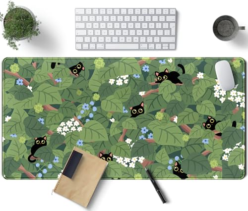 Kawaii Anime Aesthetic Black Cat Forest Plant Desk Mat, Green Sage XXL Large Extended Mouse Pad Gaming Cute Cats Desk pad, Laptop Keyboard and Mouse Mat for Women Desktop Office Decor 31.5x15.7 in - color: Green Forest Plant Black Cat