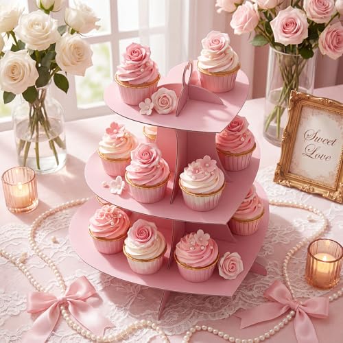 Willinglong 3 Tier Cardboard Cupcake Stand Pink Heart Cupcake Stands Disposable Cupcakes Tower Dessert Cup Cake Stand Tower Display Decoration for Wedding Anniversary Birthday Party Supplies - color: Pink, size: Heart