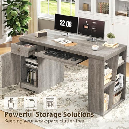 HSH 55" Office Computer Desk with Drawers, Farmhouse Grey Executive Desk with Storage Shelves and Cabinet, Modern Wooden Computer Table Teacher Desks with Keyboard Tray for Home Writing Work Study - color: Light Grey Oak