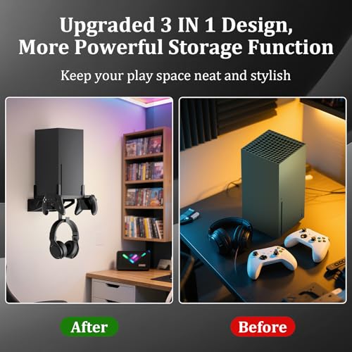Wall Mount for Xbox Series X - Wall Mount Stand Kit with Detachable 2 Controller Holder & Headphone Hanger, Mount on The Wall, Compatible with Xbox Series X Accessories