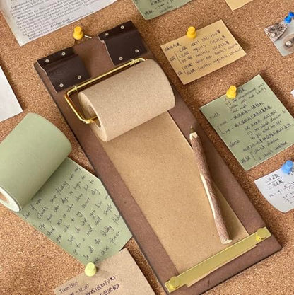 Rustic Hanging Memo Board with 1 Khaki Gray Paper Roll – Vintage Wall Mounted Clipboard Notepad, Tear-Off Writing Pad for Notes, Menu Display, Café, Restaurant, Home and Office - style: Khaki Gray Board + 1 Roll