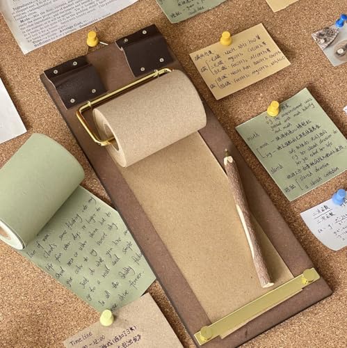 Rustic Hanging Memo Board with 1 Khaki Gray Paper Roll – Vintage Wall Mounted Clipboard Notepad, Tear-Off Writing Pad for Notes, Menu Display, Café, Restaurant, Home and Office - style: Khaki Gray Board + 1 Roll