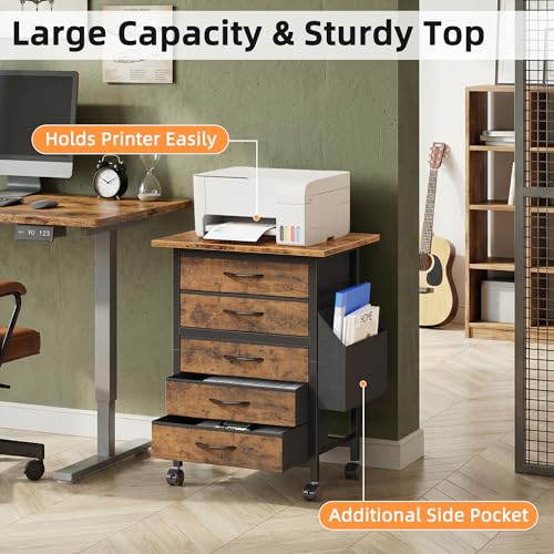 HIGDBFE 5 Fabric Drawers File Cabinet with Side Pocket, Rolling Printer Stand with Storage for Home Office, Wood Top Storage Cabinet Office Storage for Documents and Crafts, Rustic Brown, 15" D - size: 15"D (5 Drawers)