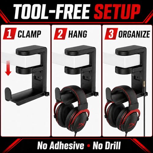 Clamp-On Under Desk Headphone Hanger, 360° Rotating Hook with Cable Clip, No Adhesive No Drill, Gaming & Office Desk Headset Organizer Black