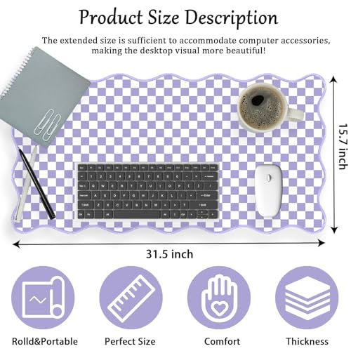 Scalloped Desk Mat Extended Large Cute Mouse Pad Big Desk Pad XXL Aesthetic Kawaii Plaid Mousepad Checkered Mouse Pad for Keyboard Computer Laptop Home Office Accessories Girl 31.5X15.7Inch Purple - color: Purple, size: 31.5" x 15.7"