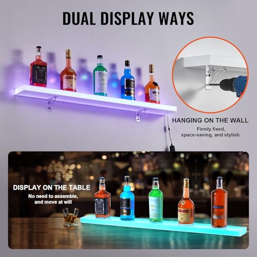 VEVOR LED Lighted Liquor Bottle Display, 1 Tier 40 Inch Wall Mounted Whiskey Rack Stand, 1 Step Commercial Illuminated Home Bar Shelf, Acrylic Drinks Light Shelves with RF Remote & App Control - size: 1 Step 40 Inches
