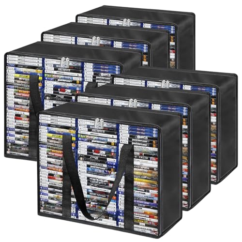Clear DVD Storage Bags 6 Pack, Hold 420 DVDs or 540 Blu rays, Easy Find Media Organizers with Reinforced Handle for Movies, Video Games, VHS Tapes - size: 6*Bags