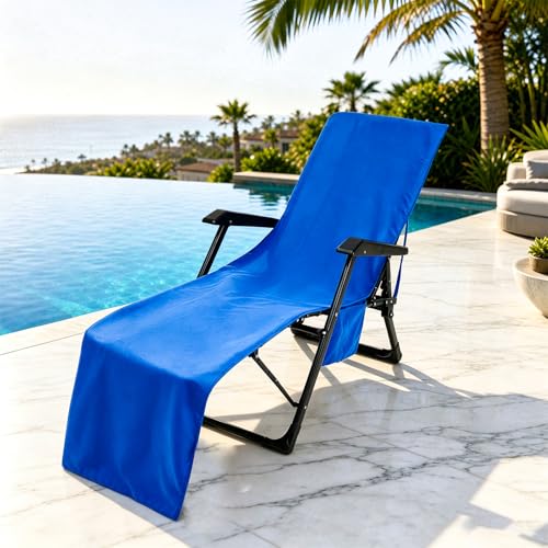 VOCOOL Chaise Lounge Cover Pool Chair Cover Soft and Quick Dry | Beach Chair Towel Cover with Pocket, for Sun Lounger Pool Sunbathing Garden Beach Hotel Outdoor, No Slide, Blue, 85" x 30" - color: Blue