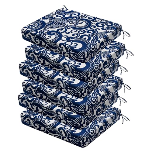 Outdoor Chair Cushions Set of 6, 18.5 x 16 Inch Patio Chair Cushions for Outdoor Furniture, Water Resistant, Non-Slip Ties (Blue Carp) - color: 4 - Blue Carp, size: 18.5x16x3|6 Pack