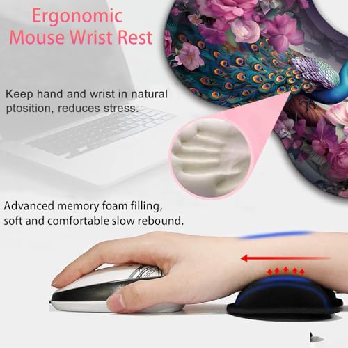 Large Gaming Mouse Pad + Mouse Wrist Rest Pad + Coaster Combination, 31.5 "x 11.8" Durable Non-Slip Extension Table Mat, Suitable for Office and Home, Peacock and Flowers - color: Peacock and Flowers