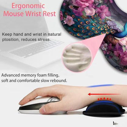 Large Gaming Mouse Pad + Mouse Wrist Rest Pad + Coaster Combination, 31.5 "x 11.8" Durable Non-Slip Extension Table Mat, Suitable for Office and Home, Peacock and Flowers - color: Peacock and Flowers