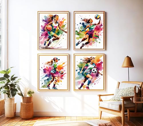 Girls Sports Poster Set of 4, Colorful Watercolor Female Athlete Wall Art, Basketball Volleyball Softball and Soccer Prints, Motivational Sports Decor for Girls Bedroom Teen Room Playroom Locker Room, Bright Athletic Wall Art, 8x10 inc. Unframed Prints -