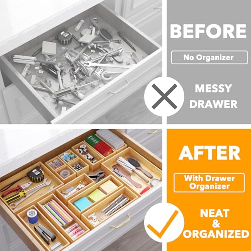 SpaceAid 14-Piece Bamboo Drawer Organizer Storage Boxes Set, Wood Tray Junk Drawer Organizers Multi-Use Divider Bins for Kitchen, Bathroom, Office Desk and Makeup Organization (14 Pack, Natural) - color: Natural
