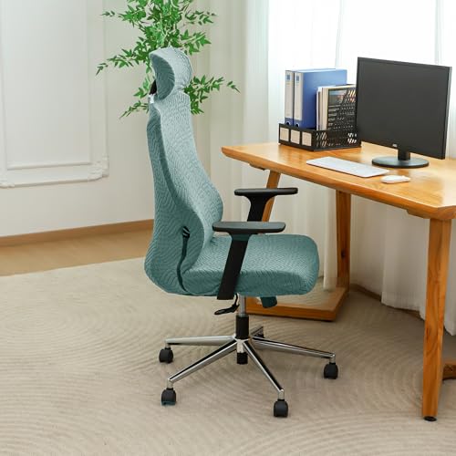 Ergonomic Office Chair Cover with Headrest Covers Green Jacquard Stretch Desk Chair and Headrest Slipcovers Washable - color: Jacqaurd L-green, size: Chair and Headrest Covers