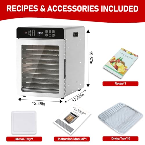 Food Dehydrator, 12 Stainless Steel Trays, 800W Electric Dehydrator Machine with Digital Timer & 194℉ Temp Control, 4 Presets, 10.9ft² Dehydrator for Food and Jerky, Fruit, Herbs, Dog Treats