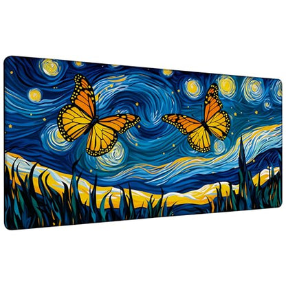 Starry Night Butterflies Gaming Mouse Pad Large Desk Mat Extended Keyboard Anime Mousepad with Non-Slip Base and Stitched Edge for Desk Home Office Gaming,35.4 x 15.7 Inch - color: Starry Night Butterflies, size: 15.7*35.4inch
