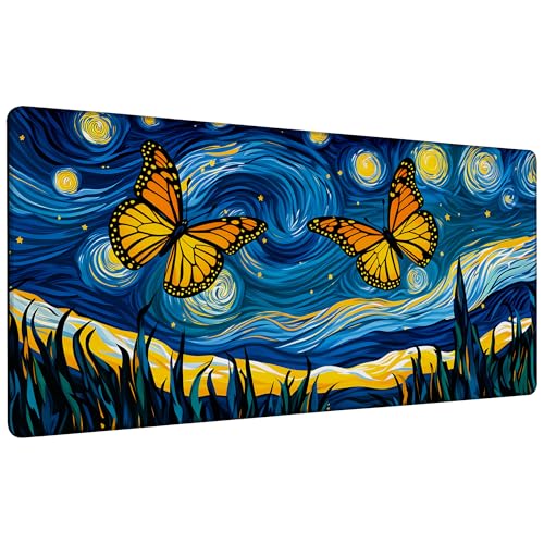 Starry Night Butterflies Gaming Mouse Pad Large Desk Mat Extended Keyboard Anime Mousepad with Non-Slip Base and Stitched Edge for Desk Home Office Gaming,35.4 x 15.7 Inch - color: Starry Night Butterflies, size: 15.7*35.4inch