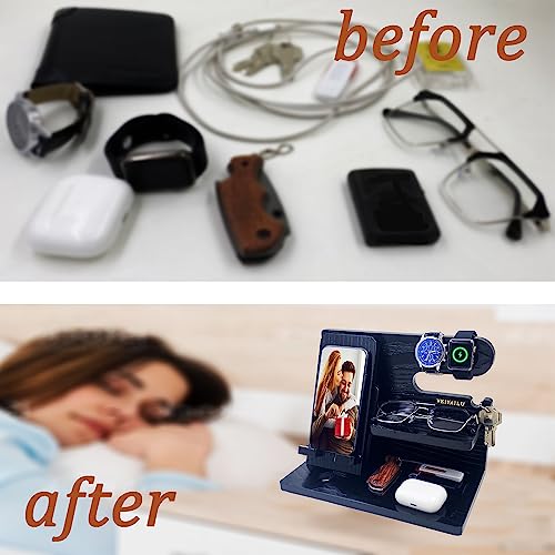 VEIYAILU Gifts for Dad Men Mom Women from Daughter Son Birthday Gifts Nightstand Organizer Mens Wood Phone Docking Station (Black) - color: black