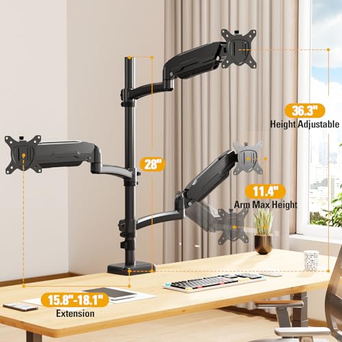 Triple Monitor Mount up to 32" Computer Screen, up to 19.8lbs Each, Adjustable 3 Monitor Stand with Clamp & Grommet Kit, Gas Spring Arm with Tilt Swivel Rotate, VESA Mount 75x75/100x100mm - size: Triple Monitor Mount