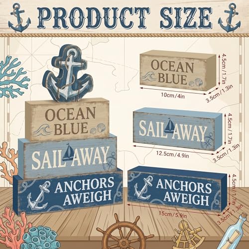 4 Pcs Nautical Anchor Bathroom Decor Summer Coastal Farmhouse Table Wooden Signs Sailing Tiered Tray Decor Ocean Table Decor Navy Blue Shelf Sitter Tabletop Home Decorations Gifts - style: Anchor