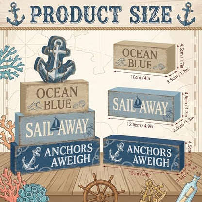 4 Pcs Nautical Anchor Bathroom Decor Summer Coastal Farmhouse Table Wooden Signs Sailing Tiered Tray Decor Ocean Table Decor Navy Blue Shelf Sitter Tabletop Home Decorations Gifts - style: Anchor