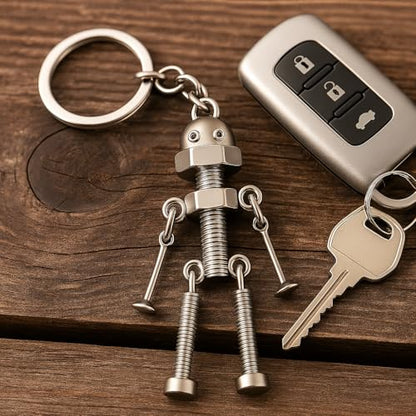 Robot Keychain – Miniature Screw Robot Figurine Key Ring for Men & Women, Unique Industrial Style Key Holder, Cool Bag Charm Accessory