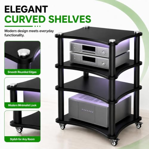 4-Tier AV Media Stand with LED Lights, Heavy Duty Mobile Stereo Cabinet Stand with Wheels, Wooden Stereo Rack, Audio Rack Furniture Perfect for DVD Player/Game Console (with Lights, 4 Tier) - color: With Lights, size: 4 Tier
