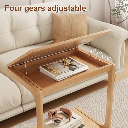 AQIMUELE Wooden C-Shaped End Table,Couch Table with Adjustable Desktop,Small Rolling Side Table with 2 Lockable Wheels 23.6" Width,Small End Table for Couch, Living Room,Bedroom (Natural) - color: Natural, size: 15.6"D x 23.6"W x 24.8"H, style: Modern 2 T