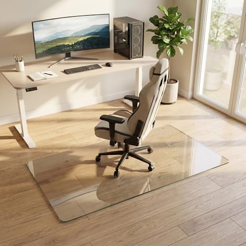 Tempered Glass Chair Mat for Hardwood Floor, 30" x 55" Heavy Duty Glass Office Chair Mat, for Low Pile Carpet, 0.2" Thick with 4 Non-Slip Pads, Smooth Rolling for Home & Office - size: 30" x 55"