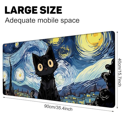 Black Cat Starry Night Gaming Mouse Pad with Stitched Edges Non-Slip Rubber Base Mouse Pad for Office,Computer,Keyboard,Laptop and Home Desk,35.4 x 15.7 Inch - color: Black Cat Starry Night, size: 15.7*35.4inch