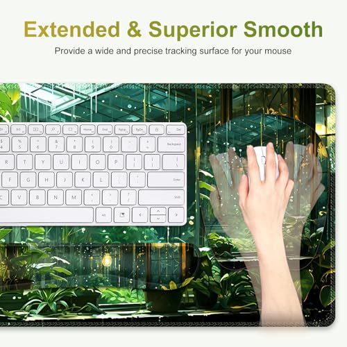 Large Mouse Pad with Wrist Support 4 in1 Set, XXL Big Game Mousepad + Keyboard Wrist Rest+Mouse Wrist Rest Pad +Coaster Gaming Mat for Women Men Home Office Computer I Green Plants Romantic Rain - color: Green Plants Romantic Rain
