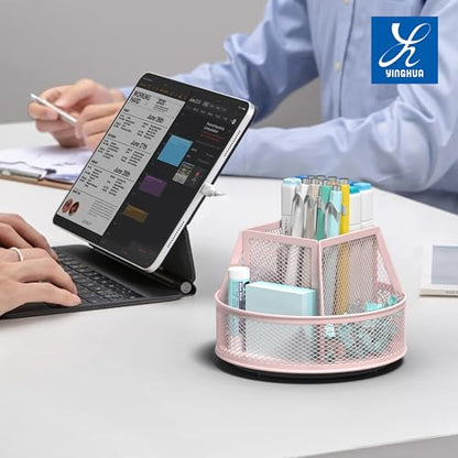 YINGHUA Metal Mesh Desk Organizer with 5 Compartments and Rotating Pencil Holder Pen and Stationery Organizer for Office Home School Anti Slip Base Pink - color: Pink