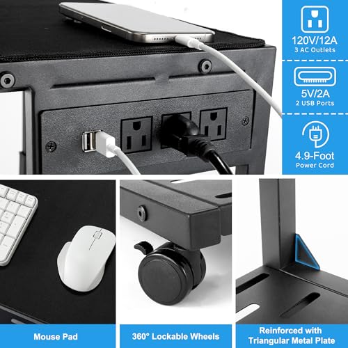 Aquzee PC Stand, Adjustable Computer Tower Stand on Wheels, Heavy Duty Metal Computer Case Cart with Power Strip, Under Desk Rolling PC Holder for Floor Carpet, Gaming Home Office Bedroom, Black