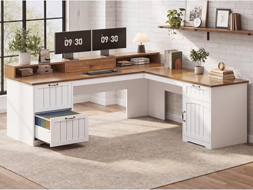 SEDETA Farmhouse L Shaped Desk with Drawers, 63" Office Desk with File Drawers, Wood Corner Computer Desk with Storage, Home Office Desk with Monitor Stand and Storage Cabinet, Walnut and White - color: Walnut and White, size: L Shaped Desk (63")