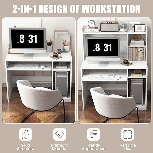 COSTWAY White Modern Large Computer Desk with Storage Shelf, Office Desk with Hutch, CPU Stand & Keyboard Tray, Home PC Desk with Bookshelf, for Bedroom, Study, Living Room