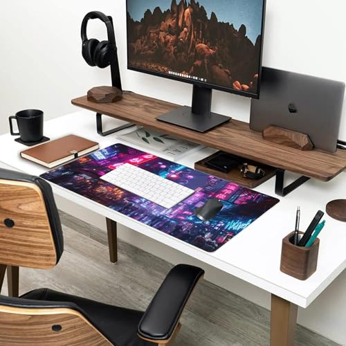 Desk Mat,Cyberpunk Neon City Large Gaming Mouse Pad for Desk XXL,Futuristic Night Street Desk Pad,Extended Big Computer Keyboard Mouse Pad with Non-Slip Base and Stitched Edge 35.4"x15.7" - color: Cyberpunk Neon City, size: XXL-35.4"x15.7"