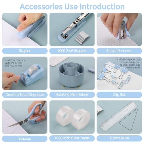 SKYDUE Desk Organizers and Accessories 10Pcs, 360-Degree Rotating Pen Holder, Stapler, Staple Remover, Tape Dispenser,2pcs Tape Refills, Binder Paper Clips Kit, Scissor (Blue) - color: Blue