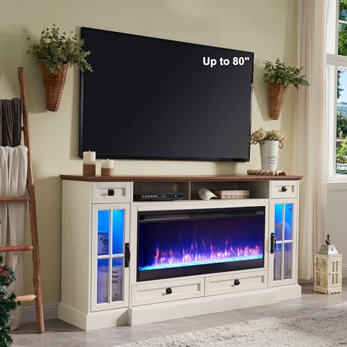 RedLemon Farmhouse Fireplace TV Stand for 80 Inch TV, 36" Tall Entertainment Center with 42" Crystal Eletric Fireplace, Modern Media Console Table with LED Lights for Living Room, Antique White - color: Antique White