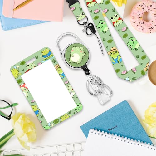 Frog Badge Holder with Lanyard, Cute Frogs ID Badge Holder with Retractable Reel Clip and Keychain for Animal Lover, Vertical Identity Card Cover Case Protector for Women Nurse Teacher - color: Frog-green