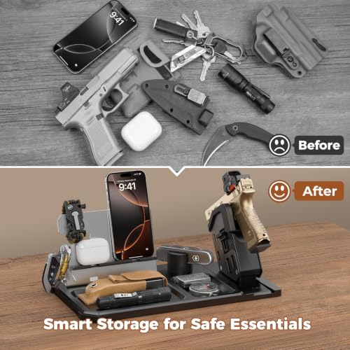 ONNAIS EDC Organizer with Detachable Quick-Access Gun Trigger Lock | Gift for Men; Desk & Nightstand Organizer; Biometric PIN Key Access; Pistol Rack; Phone Stand